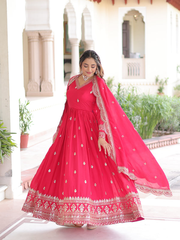 Vichitra Silk Sequins Zari Embroidered Gown with Dupatta