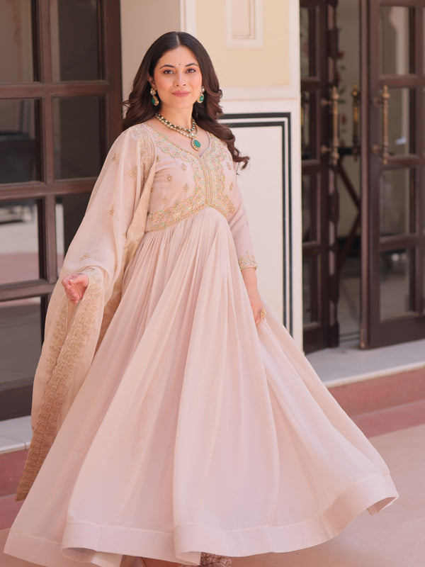 Star Georgette Beads Sequins Embroidered Gown with Dupatta