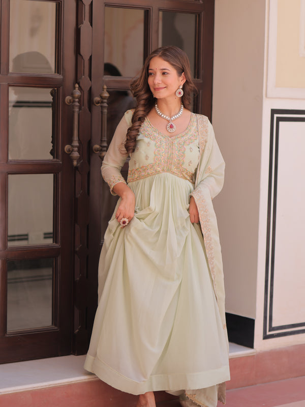 Star Georgette Beads Sequins Embroidered Gown with Dupatta