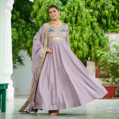 Vichitra Silk Sequins Thread Zari Embroidered Gown with Dupatta