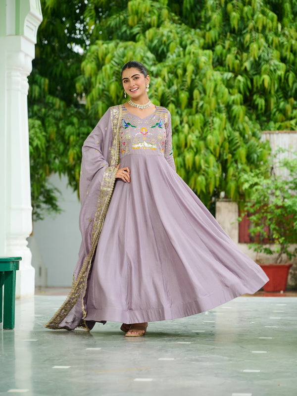 Vichitra Silk Sequins Thread Zari Embroidered Gown with Dupatta