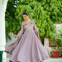 Vichitra Silk Sequins Thread Zari Embroidered Gown with Dupatta