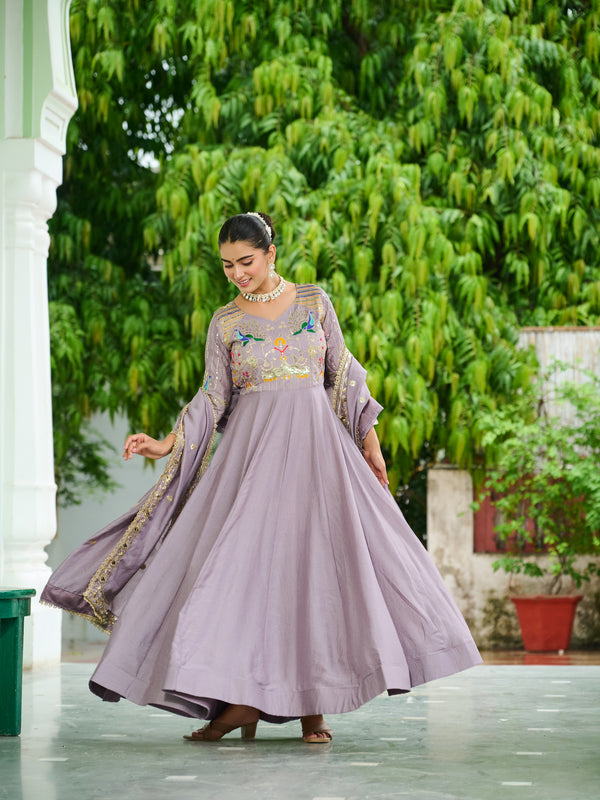 Vichitra Silk Sequins Thread Zari Embroidered Gown with Dupatta