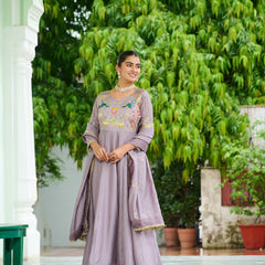 Vichitra Silk Sequins Thread Zari Embroidered Gown with Dupatta