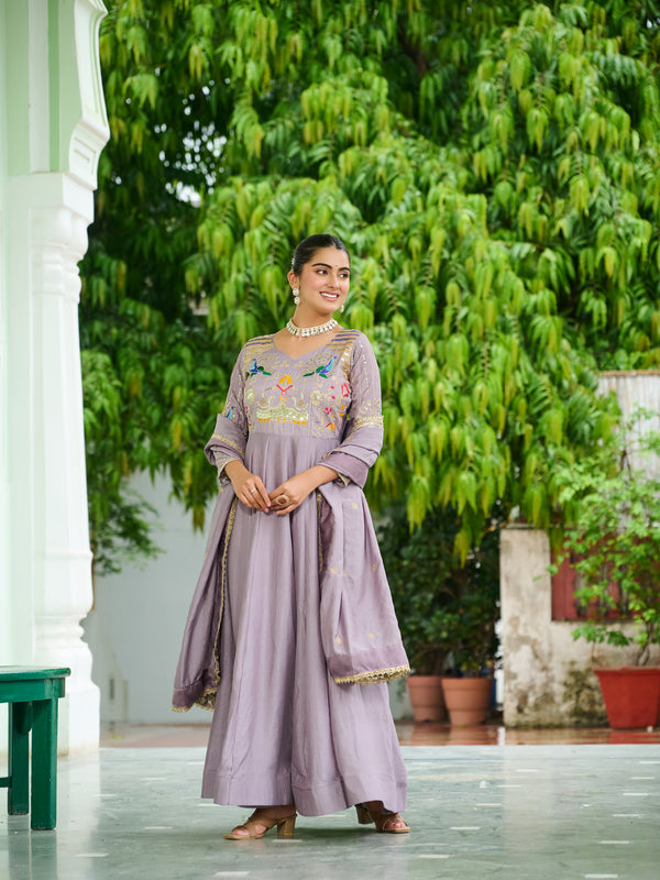 Vichitra Silk Sequins Thread Zari Embroidered Gown with Dupatta