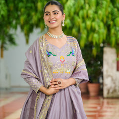 Vichitra Silk Sequins Thread Zari Embroidered Gown with Dupatta