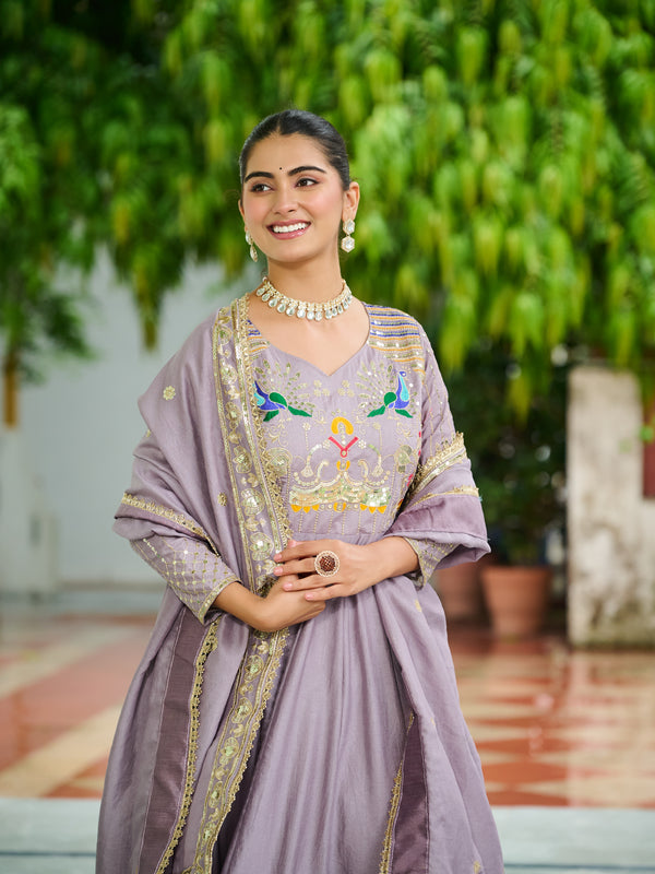 Vichitra Silk Sequins Thread Zari Embroidered Gown with Dupatta