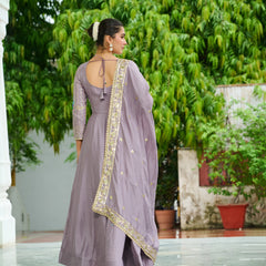 Vichitra Silk Sequins Thread Zari Embroidered Gown with Dupatta