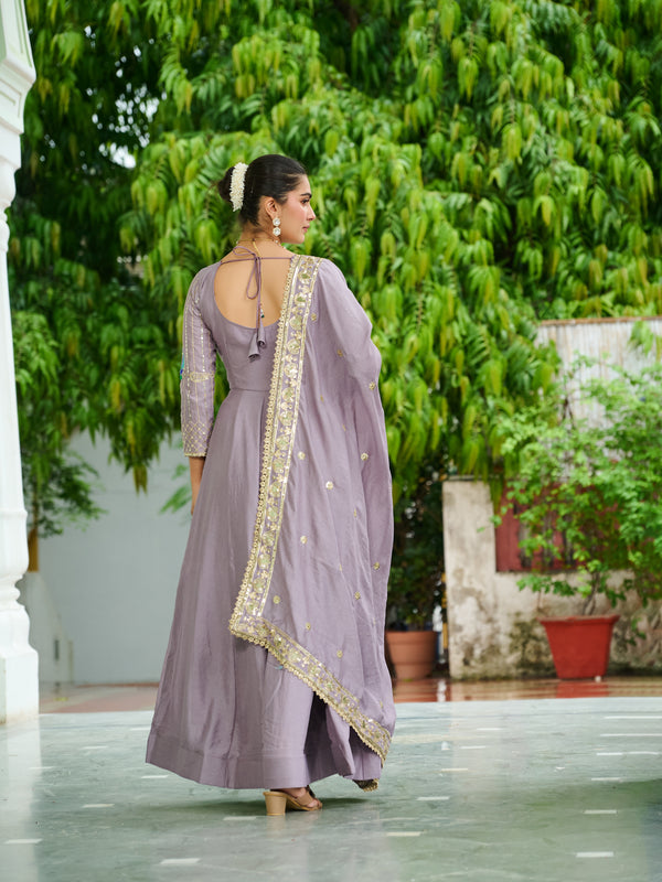Vichitra Silk Sequins Thread Zari Embroidered Gown with Dupatta