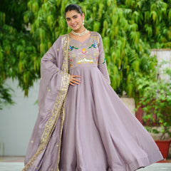 Vichitra Silk Sequins Thread Zari Embroidered Gown with Dupatta
