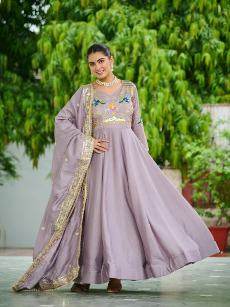 Vichitra Silk Sequins Thread Zari Embroidered Gown with Dupatta
