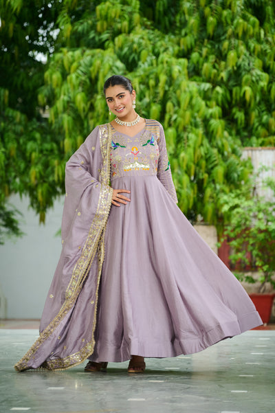 Vichitra Silk Sequins Thread Zari Embroidered Gown with Dupatta