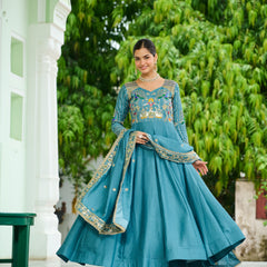 Vichitra Silk Sequins Thread Zari Embroidered Gown with Dupatta