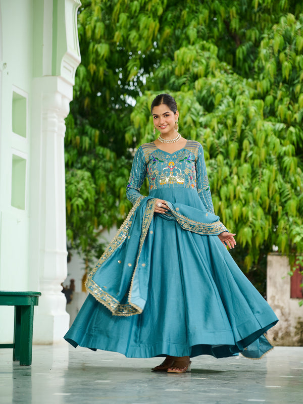 Vichitra Silk Sequins Thread Zari Embroidered Gown with Dupatta