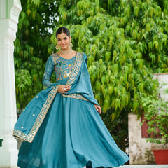 Vichitra Silk Sequins Thread Zari Embroidered Gown with Dupatta