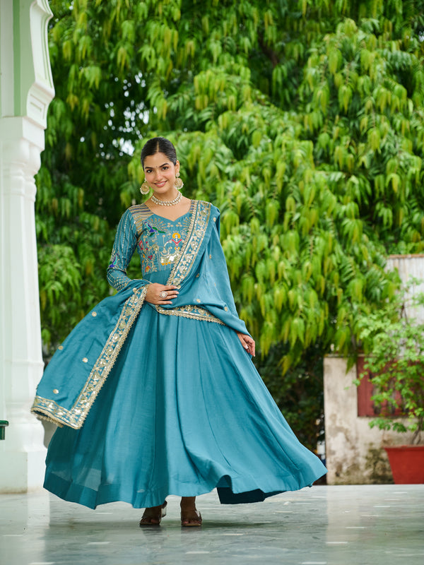 Vichitra Silk Sequins Thread Zari Embroidered Gown with Dupatta