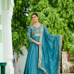 Vichitra Silk Sequins Thread Zari Embroidered Gown with Dupatta