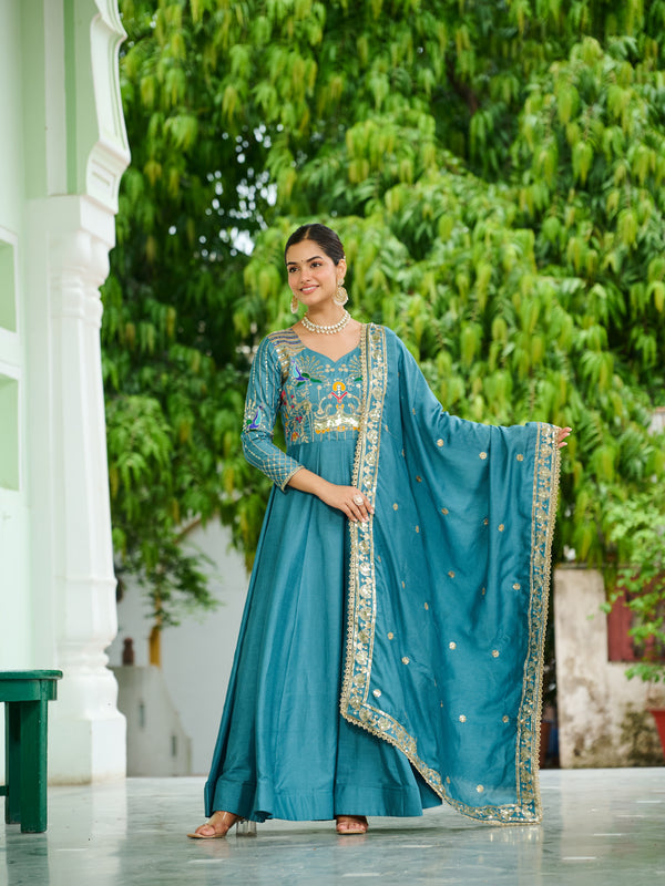 Vichitra Silk Sequins Thread Zari Embroidered Gown with Dupatta