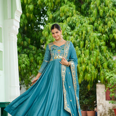 Vichitra Silk Sequins Thread Zari Embroidered Gown with Dupatta