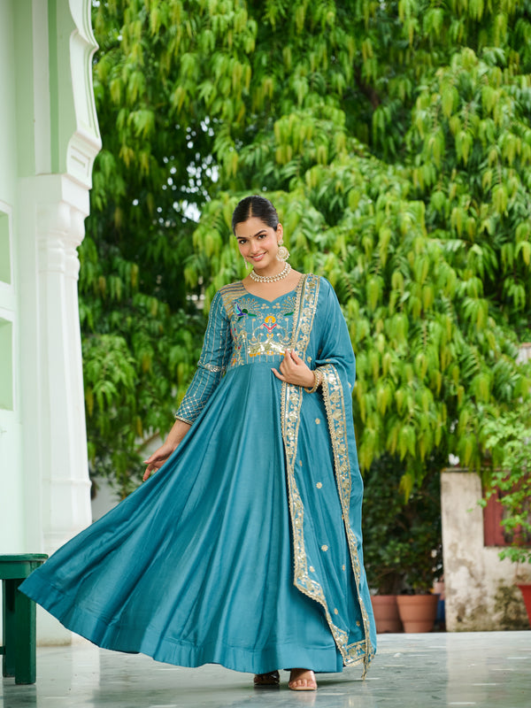 Vichitra Silk Sequins Thread Zari Embroidered Gown with Dupatta
