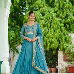 Vichitra Silk Sequins Thread Zari Embroidered Gown with Dupatta