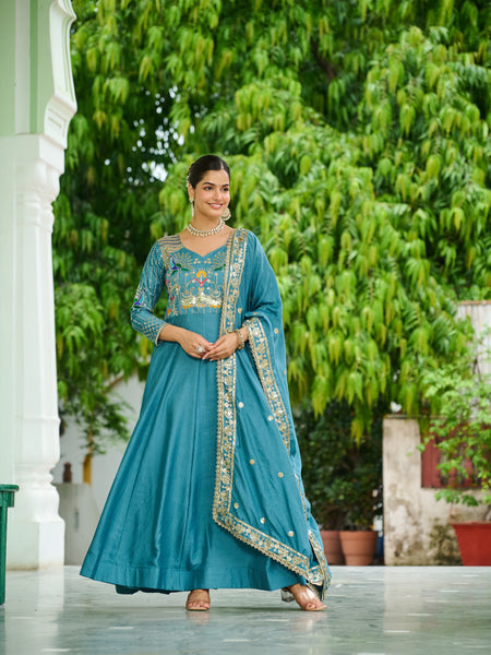 Vichitra Silk Sequins Thread Zari Embroidered Gown with Dupatta
