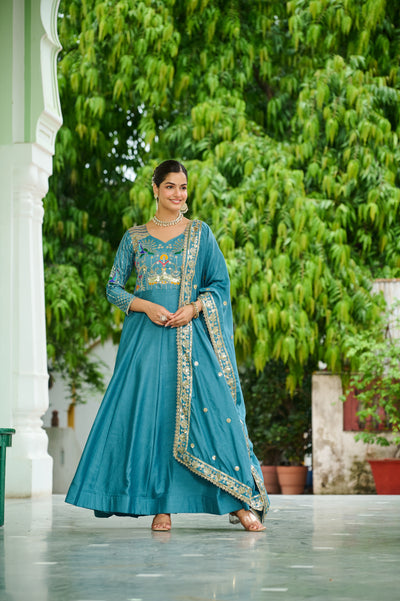 Vichitra Silk Sequins Thread Zari Embroidered Gown with Dupatta