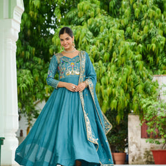 Vichitra Silk Sequins Thread Zari Embroidered Gown with Dupatta