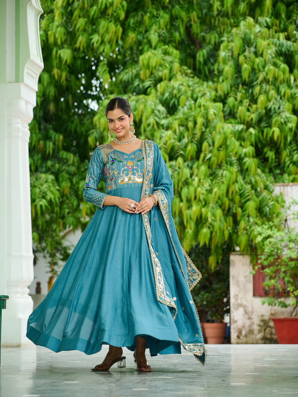 Vichitra Silk Sequins Thread Zari Embroidered Gown with Dupatta