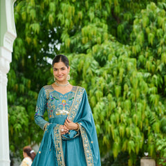 Vichitra Silk Sequins Thread Zari Embroidered Gown with Dupatta