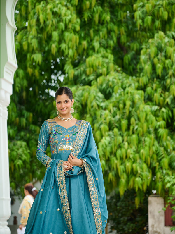 Vichitra Silk Sequins Thread Zari Embroidered Gown with Dupatta