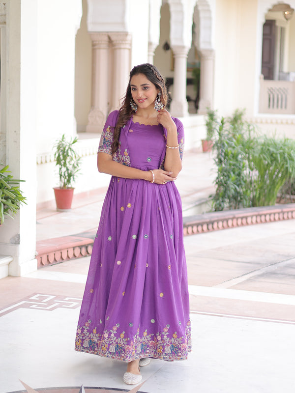 Vichitra Silk Sequins Embroidered Gown with Koti Jacket