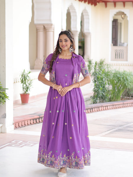 Vichitra Silk Sequins Embroidered Gown with Koti Jacket