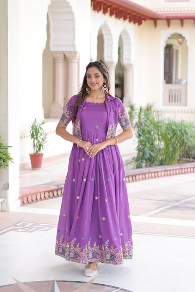 Vichitra Silk Sequins Embroidered Gown with Koti Jacket