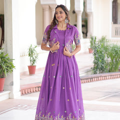 Vichitra Silk Sequins Embroidered Gown with Koti Jacket