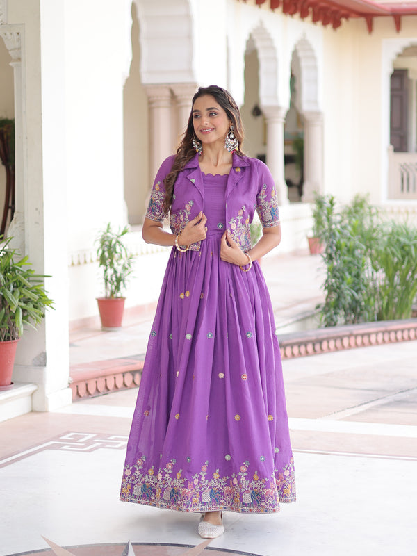 Vichitra Silk Sequins Embroidered Gown with Koti Jacket