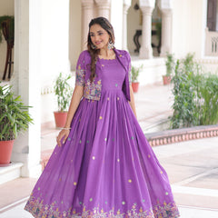 Vichitra Silk Sequins Embroidered Gown with Koti Jacket