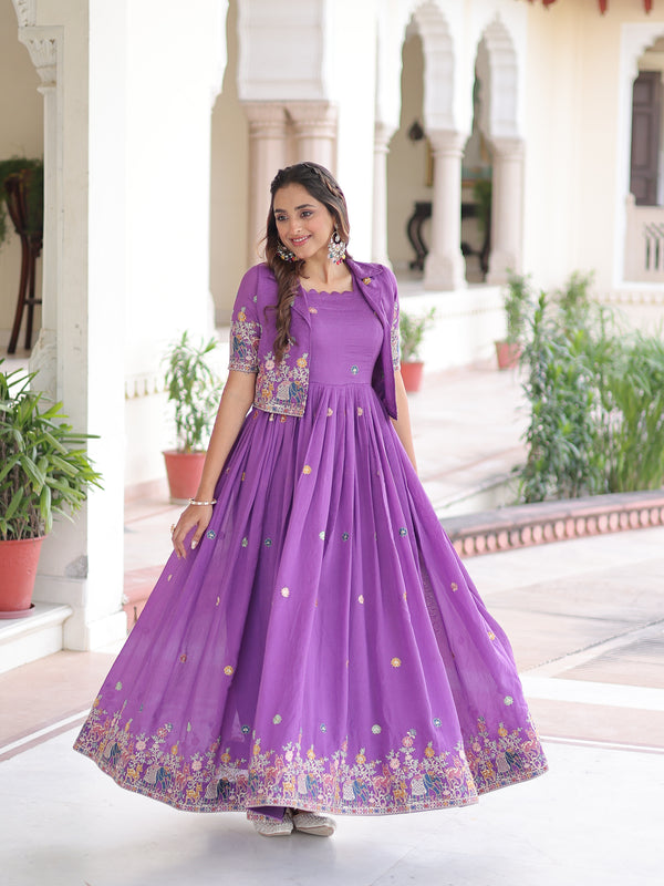 Vichitra Silk Sequins Embroidered Gown with Koti Jacket