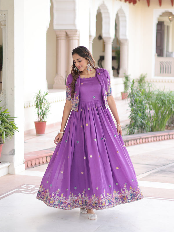 Vichitra Silk Sequins Embroidered Gown with Koti Jacket