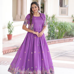 Vichitra Silk Sequins Embroidered Gown with Koti Jacket