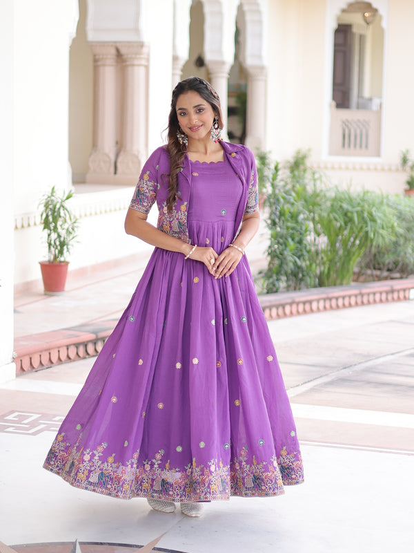Vichitra Silk Sequins Embroidered Gown with Koti Jacket