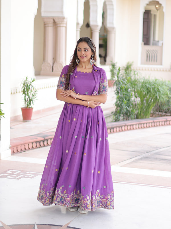 Vichitra Silk Sequins Embroidered Gown with Koti Jacket