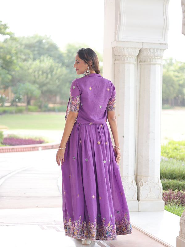 Vichitra Silk Sequins Embroidered Gown with Koti Jacket