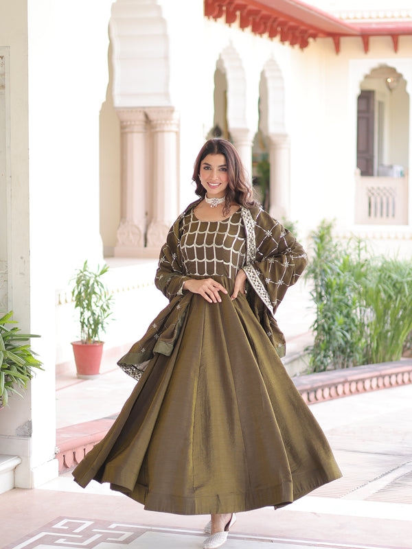 NC Vichitra Sequins Zari Embroidered Kali Gown with Dupatta