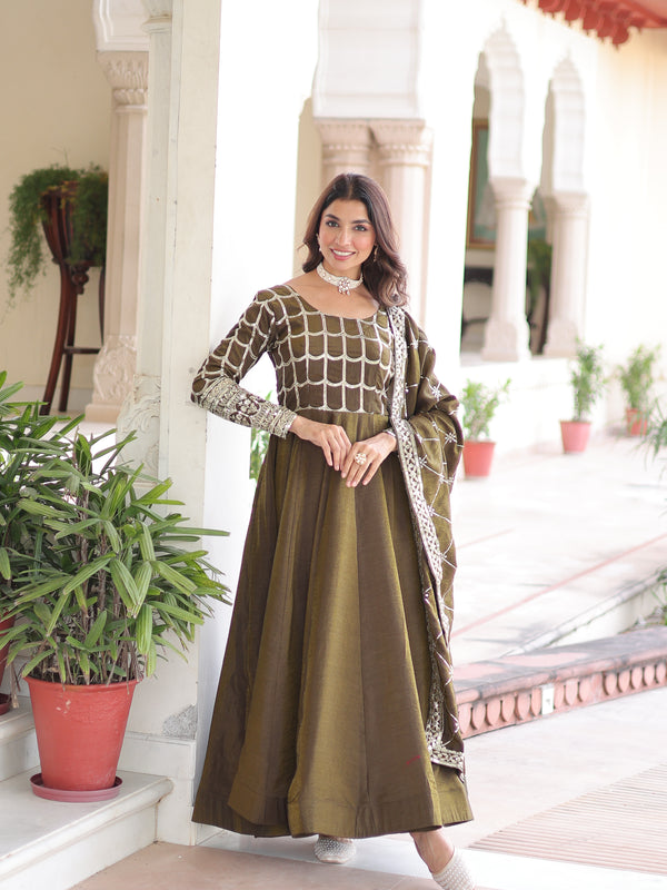NC Vichitra Sequins Zari Embroidered Kali Gown with Dupatta