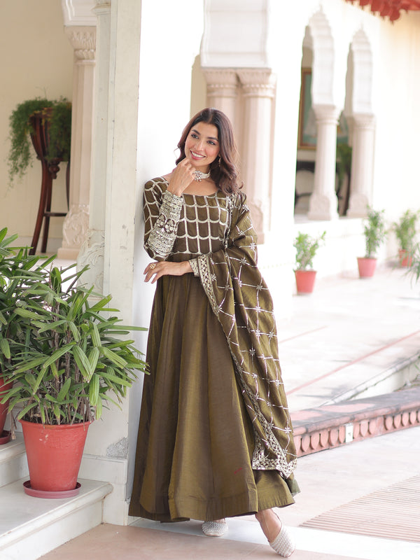 NC Vichitra Sequins Zari Embroidered Kali Gown with Dupatta