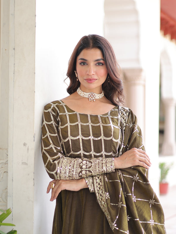 NC Vichitra Sequins Zari Embroidered Kali Gown with Dupatta