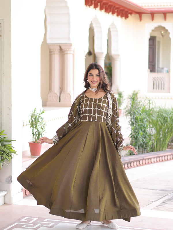 NC Vichitra Sequins Zari Embroidered Kali Gown with Dupatta