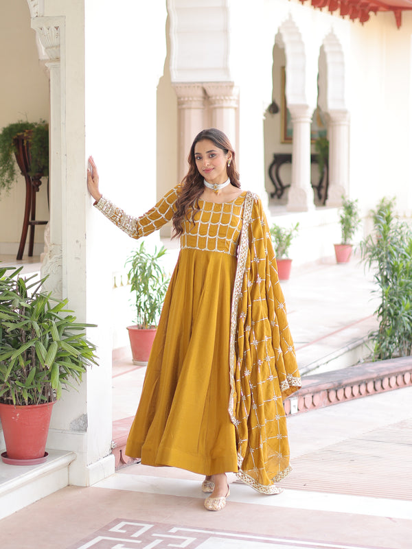 NC Vichitra Sequins Zari Embroidered Kali Gown with Dupatta
