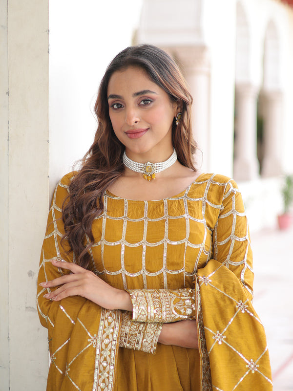 NC Vichitra Sequins Zari Embroidered Kali Gown with Dupatta